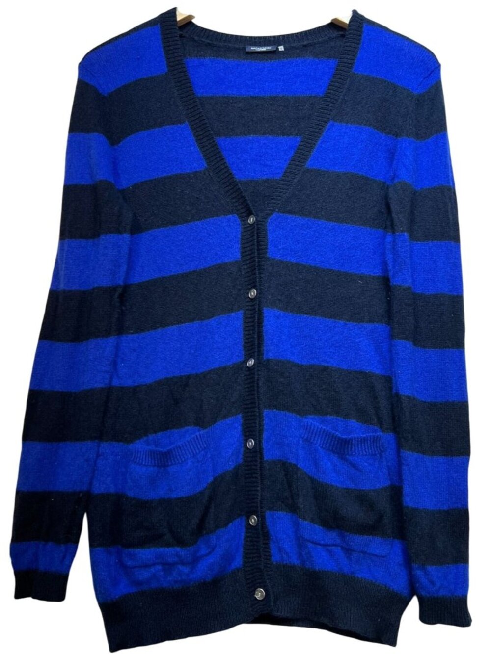Magaschoni Women's V Neck Cashmere Cardigan Sweater Long Sleeve Sz M Blue Stripe